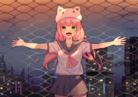 Anime-style HD PC desktop wallpaper featuring an original character with pink hair, cat-ear hat, and a navy sailor uniform, set against a city skyline at dusk.