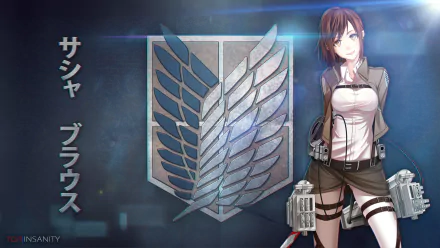 4K Ultra HD anime wallpaper featuring Sasha Blouse from Attack on Titan with brown hair and eyes, standing beside the iconic Scouting Legion symbol and weapons.