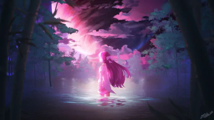 Anime HD desktop wallpaper featuring Rin from Shelter standing in a river surrounded by glowing trees under a dramatic purple and pink sky.
