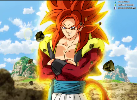 HD desktop wallpaper featuring Super Saiyan 4 Gogeta from Dragon Ball GT, showcasing his intense aura against a bright sky and rocky landscape background.