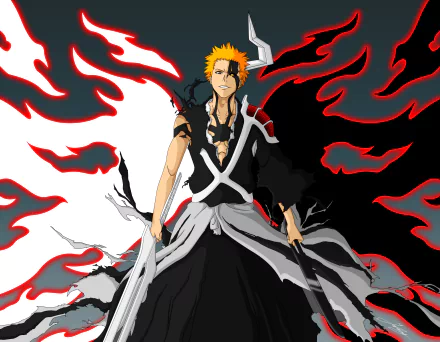 4K Ultra HD PC desktop wallpaper featuring Ichigo Kurosaki from the anime Bleach, depicted with striking black and white outfit and fiery red and white energy effects.