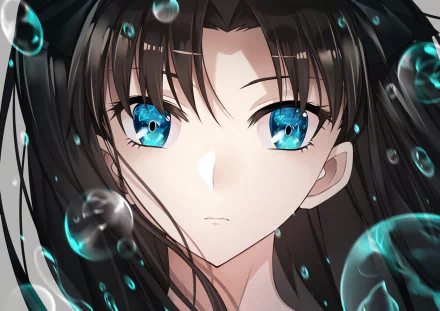 HD desktop wallpaper featuring Rin Tohsaka from Fate/Stay Night: Unlimited Blade Works, with striking blue eyes and black hair, surrounded by floating bubbles.