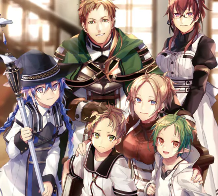 HD anime desktop wallpaper featuring Zenith Greyrat, Sylphiette, Rudeus Greyrat, Paul Greyrat, Lilia Greyrat, and Roxy Migurdia from Mushoku Tensei: Jobless Reincarnation.