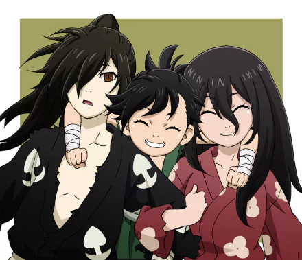 Anime characters Mio, Dororo, and Hyakkimaru from Dororo smiling brightly with their arms around each other, set against a colorful background. This HD wallpaper captures a cheerful moment from the anime Dororo.