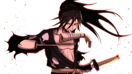 HD desktop wallpaper featuring Hyakkimaru from the anime Dororo. Hyakkimaru has black hair, red eyes, and is dressed in a yukata, wielding a katana with bandaged hands.
