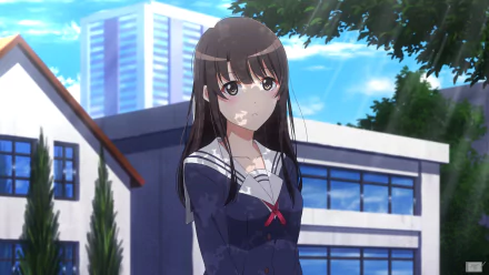 HD anime wallpaper featuring Megumi Katō from Saekano: How to Raise a Boring Girlfriend, standing outdoors with a cityscape and blue sky in the background.