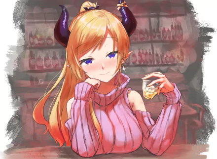 4K Ultra HD anime-style wallpaper of Yuzuki Choco, a Hololive Virtual YouTuber, featuring her with horns and a cozy pink sweater in a softly lit bar setting.