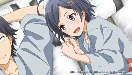 HD anime wallpaper featuring Hachiman Hikigaya and Komachi Hikigaya from My Teen Romantic Comedy SNAFU, showing a close, relaxed moment between the siblings.