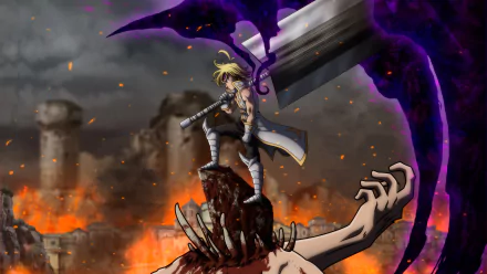 HD desktop wallpaper featuring Meliodas from The Seven Deadly Sins, standing on a defeated Demon King amidst a fiery background, wielding a large sword with dark energy.