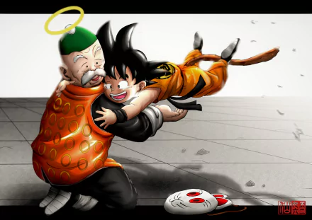 HD anime wallpaper featuring Grandpa Gohan joyfully hugging young Goku in Dragon Ball, capturing a heartwarming moment from the series.