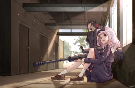 HD desktop wallpaper featuring Chika Fujiwara and Kaguya Shinomiya from the anime Kaguya-sama: Love is War. The characters are in a hallway, equipped with rifles, showcasing a serene yet intense atmosphere.