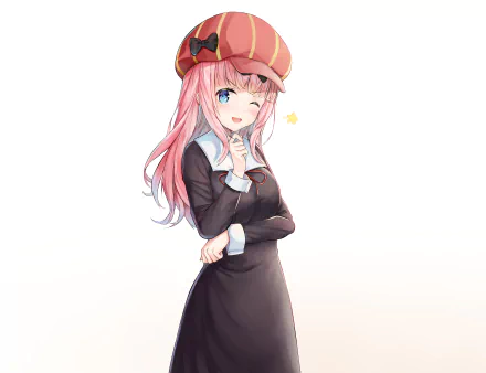 HD desktop wallpaper featuring Chika Fujiwara from the anime Kaguya-sama: Love is War, wearing a black dress and a red-striped hat, winking with a cheerful expression.