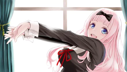 HD desktop wallpaper of Chika Fujiwara from the anime Kaguya-sama: Love is War. She is smiling with outstretched arms, wearing a black and white outfit with a red ribbon, standing in front of a window.