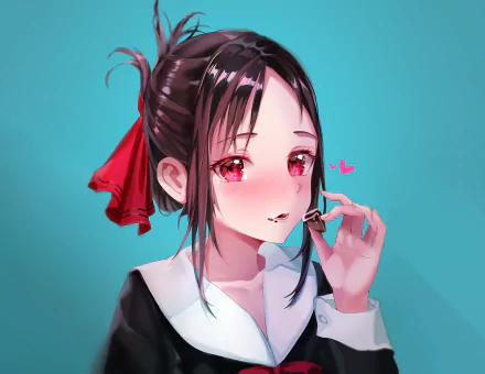 HD desktop wallpaper featuring Kaguya Shinomiya from the anime Kaguya-sama: Love is War, against a blue background. Kaguya is holding a small object, blushing with a hint of affection.