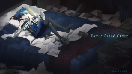 HD anime wallpaper featuring Hans Christian Andersen from Fate/Grand Order, showcasing the character lounging on a bed surrounded by scattered papers.