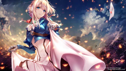 HD desktop wallpaper of Violet Evergarden, an anime character with blue eyes and blonde hair, wearing a dress against a dramatic evening sky backdrop.