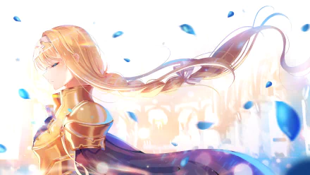 HD wallpaper featuring Alice Zuberg from Sword Art Online: Alicization. The anime-style image shows Alice with her eyes closed, surrounded by floating blue petals, set against a light, ethereal background.