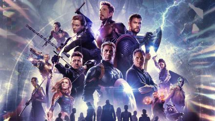 HD desktop wallpaper featuring Ant-Man, War Machine, Okoye, Nebula, Wong, Valkyrie, Hawkeye, Bruce Banner, Black Widow, Iron Man, Thor, Captain Marvel, Captain America, and Avengers: Endgame movie theme.