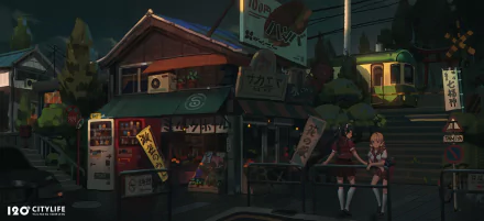 Anime-style HD desktop wallpaper depicting a nighttime scene with a tram passing behind a cozy shop, featuring two girls sitting nearby under soft street lighting.