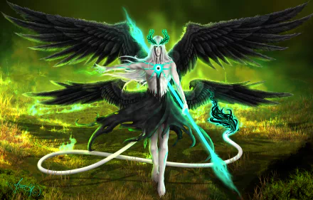 HD desktop wallpaper featuring Ulquiorra Cifer from Bleach: Brave Souls, depicted as an angelic figure with black wings and glowing teal energy in a mystical setting.
