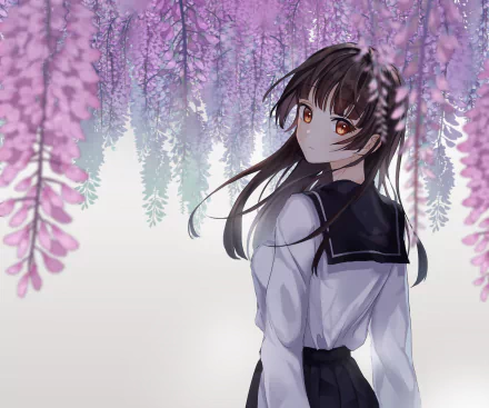 HD anime original desktop wallpaper depicting a girl with dark hair and amber eyes in a school uniform, set against a soft background of cascading pink and purple flowers.