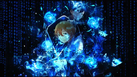 HD anime wallpaper featuring Eugeo and Kirito (Kazuto Kirigaya) from Sword Art Online: Alicization, surrounded by glowing blue digital effects and blue eyes.