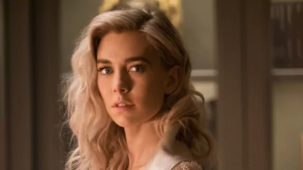 Close-up of English actress Vanessa Kirby with blonde hair and blue eyes from the movie Mission: Impossible – Fallout, presented as a 4K Ultra HD desktop wallpaper.