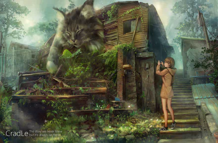 An HD desktop wallpaper featuring an anime scene with a girl with long brown hair and brown eyes taking a photo of a large cat in a mystical, overgrown setting. Text reads Cradle: The story may never finish, but it's always been there.