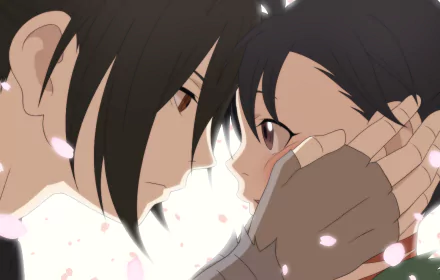 HD PC desktop wallpaper featuring Hyakkimaru and Dororo from the anime Dororo, captured in a close, intimate moment with soft falling petals.