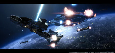 HD desktop wallpaper featuring a Daedalus-class ship from the TV show Stargate Atlantis in a space battle above a planet, illuminated by laser beams and explosions.