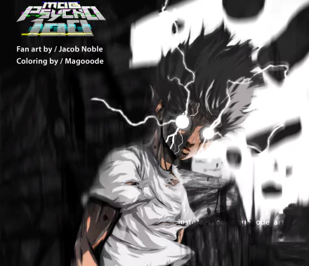 HD PC wallpaper featuring Shigeo Kageyama from the anime Mob Psycho 100, illustrated with electric and dark energy effects by Jacob Noble and Magoode.