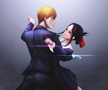 HD PC desktop wallpaper featuring Miyuki Shirogane and Kaguya Shinomiya from the anime Kaguya-sama: Love is War in a dynamic, close dance pose.