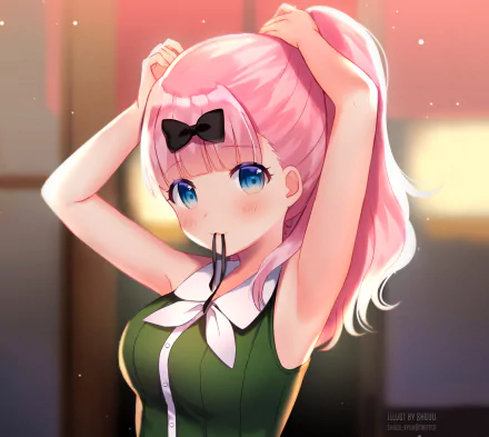 Anime character Chika Fujiwara from Kaguya-sama: Love is War with pink hair, blue eyes, and a blush on her face. She's wearing a green outfit and a black bow, set against a soft-focus background in HD.