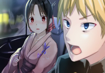 HD anime desktop wallpaper featuring Miyuki Shirogane and Kaguya Shinomiya from Kaguya-sama: Love is War in an expressive car scene.