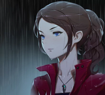 HD desktop wallpaper of Claire Redfield from Resident Evil 2 (2019). The image showcases Claire in the rain, with a determined expression and a prominent red jacket.