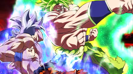 4K Ultra HD Dragon Ball Super: Broly wallpaper featuring Goku in Ultra Instinct and Broly in Super Saiyan Green powering up for battle.
