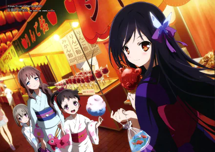 4K Ultra HD anime wallpaper featuring Kusakabe Rin, Utai Shinomiya, Fuuko Kurasaki, and Kuroyukihime from Accel World enjoying a vibrant festival scene.