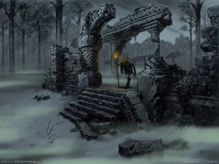 A mysterious, dark ruin stands amidst fog-covered trees, featuring ancient stone archways and a shadowy figure holding a torch, creating an atmospheric HD desktop wallpaper.