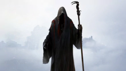 Dark, hooded grim reaper holding a twisted staff, shrouded in mist against a cloudy sky—HD PC desktop wallpaper with a mysterious, eerie atmosphere.