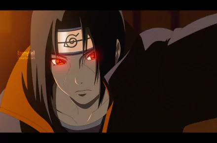 HD desktop wallpaper featuring Itachi Uchiha from Naruto, showcasing his activated Sharingan eyes in an intense action pose.