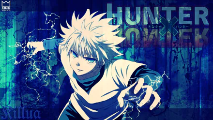 Killua Zoldyck from the anime Hunter x Hunter is depicted in a striking HD wallpaper, surrounded by electric blue tones and dynamic energy, capturing his fierce determination.