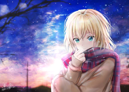 HD desktop wallpaper featuring Jeanne d'Arc from the Fate series, specifically Fate/Grand Order. The anime character is depicted with blonde hair and blue eyes, wrapped in a scarf against a stunning sunset background.
