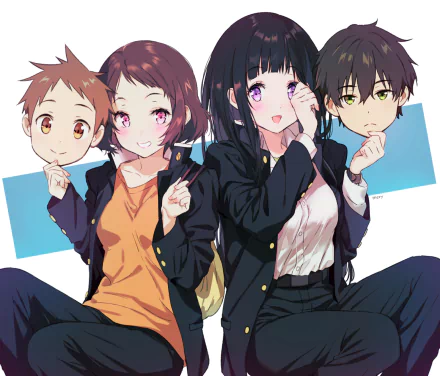 An HD anime wallpaper featuring characters Hōtarō Oreki, Satoshi Fukube, Mayaka Ibara, and Eru Chitanda from Hyouka, showcasing their unique personalities and vibrant expressions.