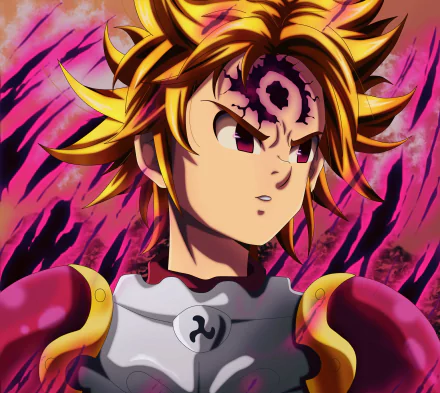 HD anime wallpaper of Meliodas from The Seven Deadly Sins with purple eyes, blonde hair, and wearing armor against a dynamic purple and pink background.