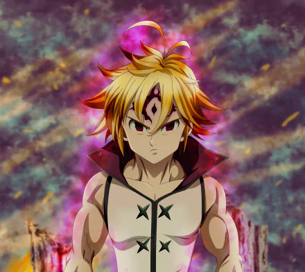 Blonde Meliodas from The Seven Deadly Sins is featured in this HD anime wallpaper, showcasing his fierce expression against a vibrant, dynamic background.