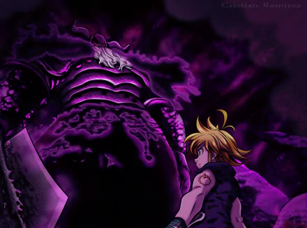 Anime HD wallpaper featuring Meliodas from The Seven Deadly Sins wielding a sword, confronting the Demon King, under a purple-hued, ominous backdrop. Meliodas has blonde hair and a black outfit.