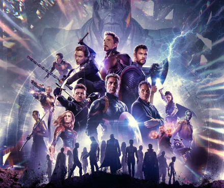 HD desktop wallpaper featuring the Avengers Endgame movie, showcasing various characters in dynamic poses with a dramatic, colorful background.