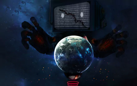 Artistic HD desktop wallpaper from Alpha Coders featuring a robotic figure with a TV screen head, hands outstretched around Earth against a space backdrop.