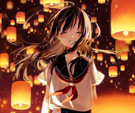 HD anime wallpaper featuring an original artwork of a smiling girl in a sailor uniform, surrounded by floating lanterns, creating a warm and enchanting atmosphere.