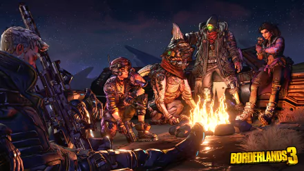 4K Ultra HD Borderlands 3 wallpaper featuring characters Zane, Amara, FL4K, and Moze gathered around a campfire in a detailed video game scene.
